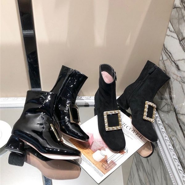 

boots autumn and winter round head middle heel thick side zipper square diamond simple versatile leather women's shoes short r0qk, Black