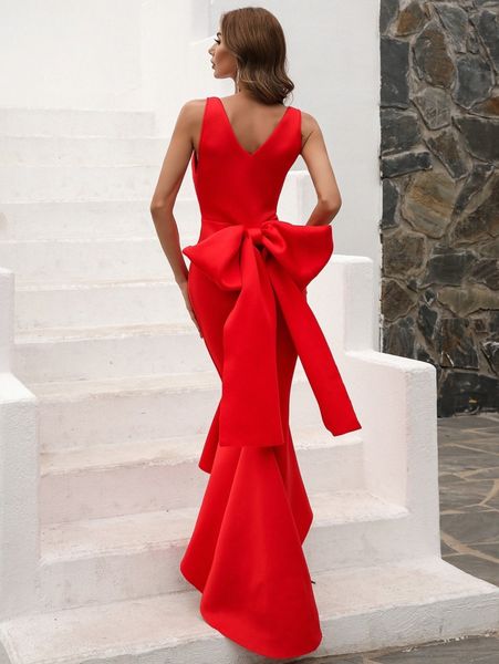 

missord plunge neck mesh insert big bow high low prom dress t1s4#, Black;gray