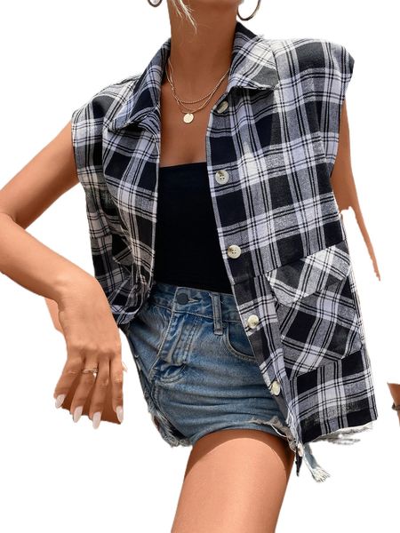 

plaid print flap pocket vest jacket 47iw#, Black;brown