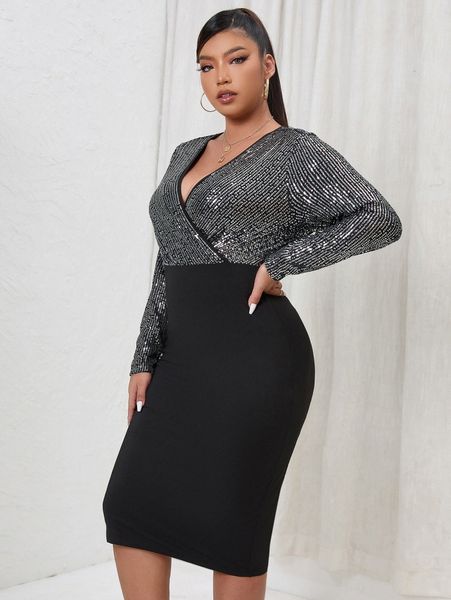 

plus surplice neck contrast sequin bodycon dress x584#, Black