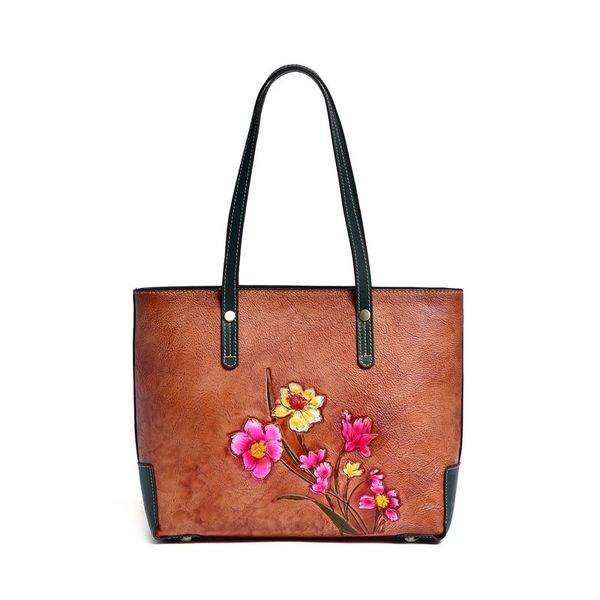 

evening bags classic retro flower painting shopper, luxury vegetable tanned leather, women's genuine leather shoulder bag, ly035