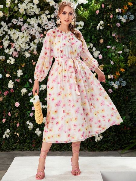 

plus lantern sleeve self belted floral print dress g50s#, Black