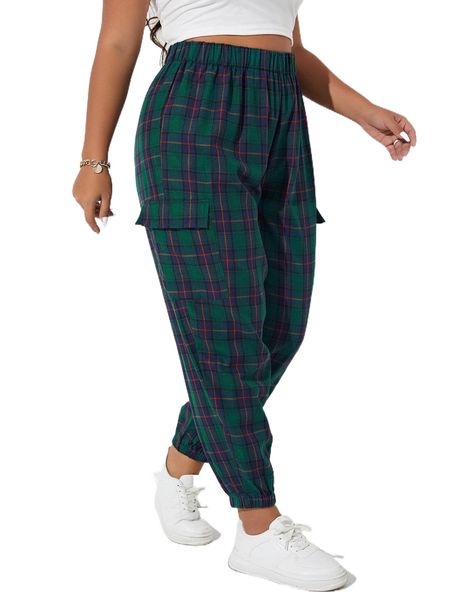 

plus plaid print flap pocket side pants k9kk#, Black