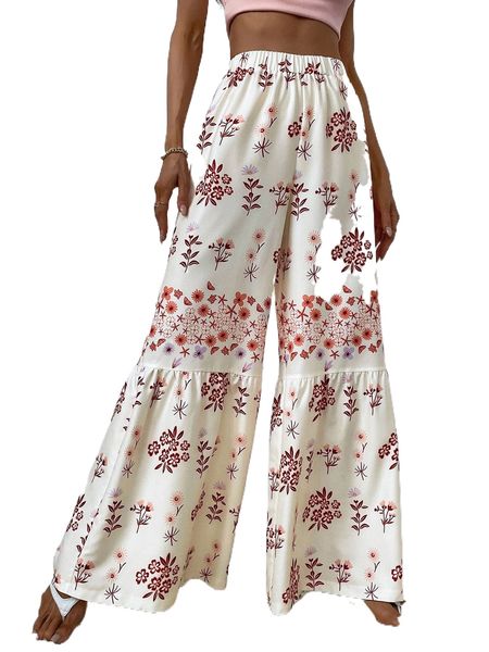 

floral print ruffle hem wide leg pants l6f7#, Black;white