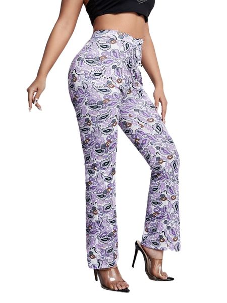 

allover paisley print knot front pants e6qw#, Black;white
