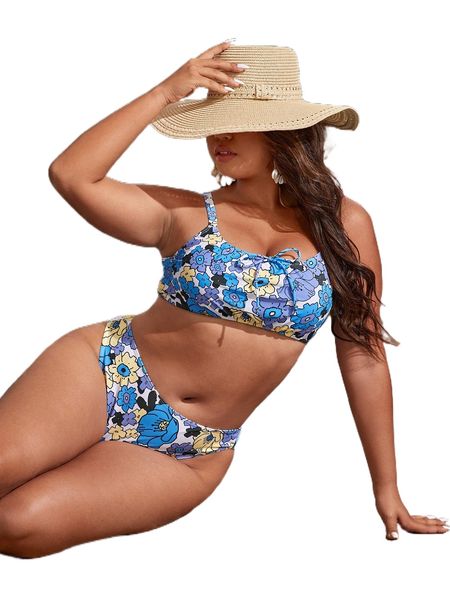 

plus floral print knot front high waist bikini swimsuit c82s#, White;black
