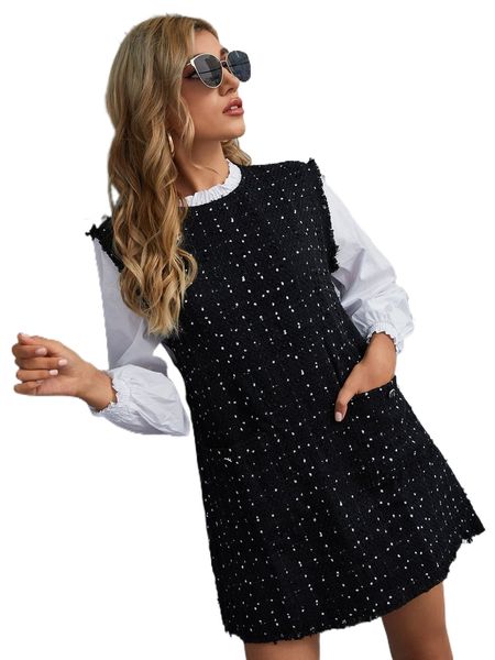 

frill neck contrast sleeve tweed dress n3oq#, Black;gray