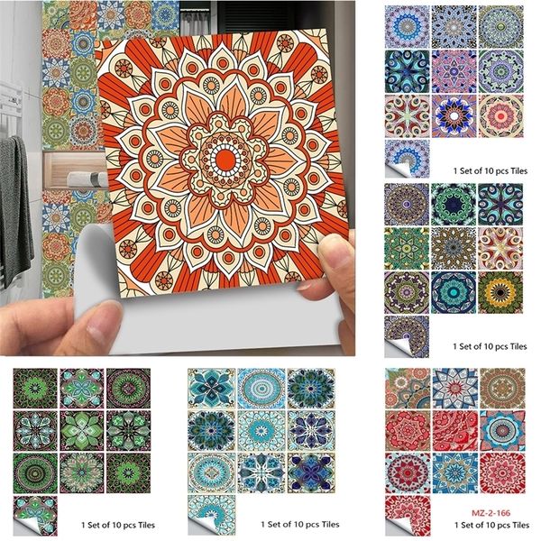 10pcsset Mandala Style Crystal Hard Tiles Ceramica Wall Sticker Cucina Armadio Home Decor Art Mural Peel Stick Stickers murali 220727