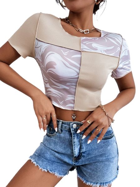 

graphic print seam detail crop tee c9s0#, White