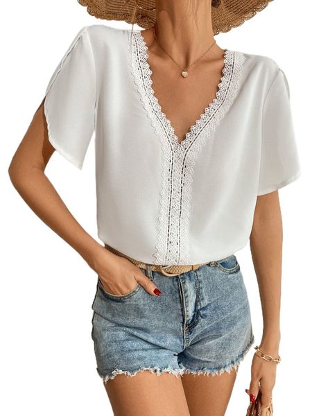 

contrast guipure lace petal sleeve blouse v9zp#, White