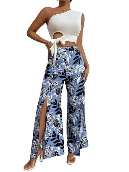 

one shoulder knot hem & plants split hem pants f58z#, White