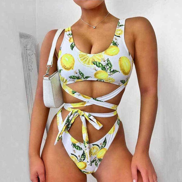 

split swimsuit women's cross fruit printed high waist bikini, White;black
