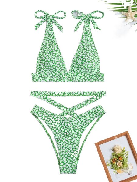 

ditsy floral print cross bikini swimsuit p4b9#, White;black