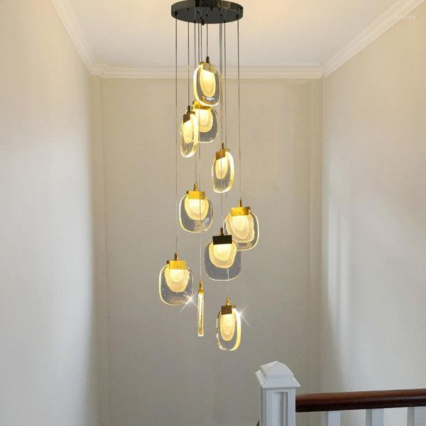 Lâmpadas pendentes pós -moderna Luz de luxo de ouro criativo pó de cristal lustre de fluxo Sala de estar de jantar escada longa ChandelierPenda