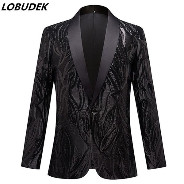 Homens Black Lantejoulas Slim Fit Blazers Um Botão Shawl Lapel Noite Party Casual Smoking Bar Nightclub Prom Performance Glitter Terno Jacket para Cantor Host