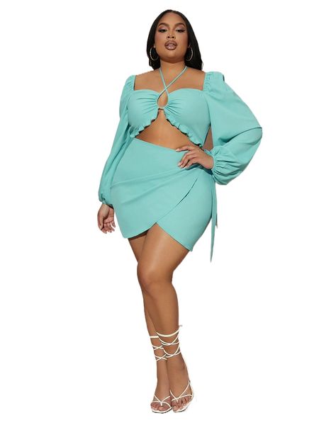 

sxy plus bishop sleeve cut out wrap hem dress w2w7#, Black