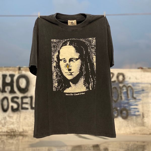 

plus size t shirts men's vintage t-shirts mona lisa print hip hop man summer men women oversize streetwear washed old loose tees youth, White;black