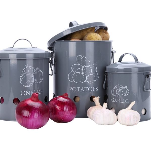 3 PCs Bincos de armazenamento de contêineres de alimentos Cebolas de alho batatas caixa cozinha de metal respirável baldes de fábrica caixas personalizadas conjuntos de 201022