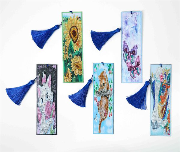Atacado diamante pintura bookmark estilo animal 5d strass frisado de couro pu floral arte arte gem bookmarks com tassel kd1