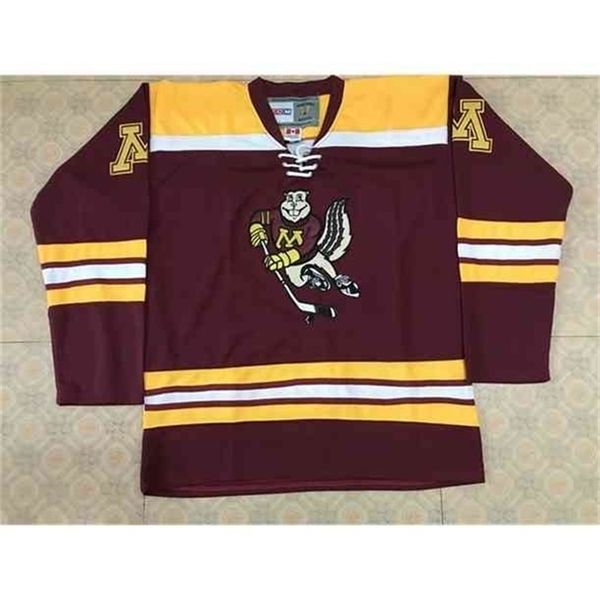 C26 Nik1 Colosseum Minnesota Golden Gophers Marroon Hóquei Jersey Bordado Personalizar Qualquer Número e Nome Camisolas