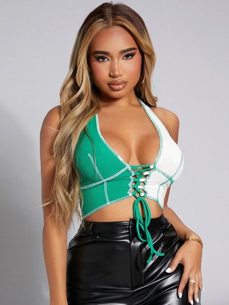 

sxy lace up tie backless colorblock crop halter 93rs#, White