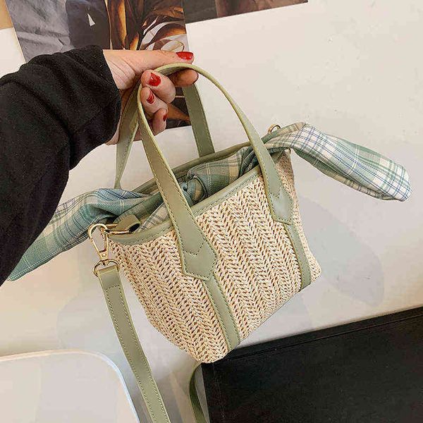 

casual straw women handbags handmade striped bow shoulder bags pu leather patchwork summer beach crossbody bag small tote purses g220429