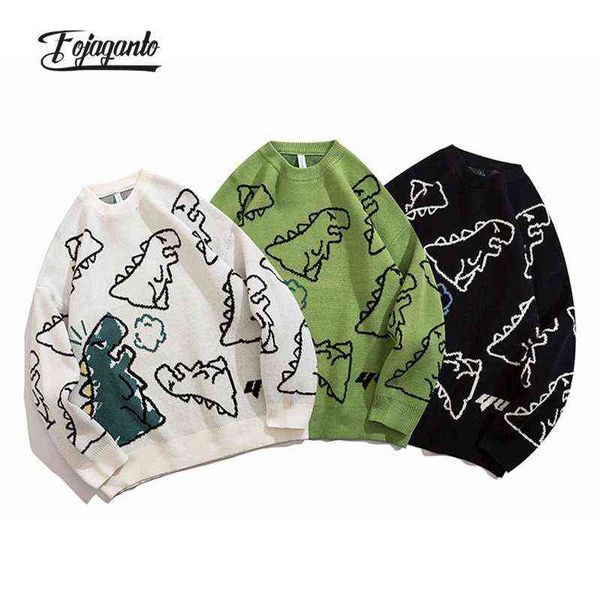

fojaganto men knitted sweater harajuku hip hop streetwear dinosaur cartoon pullover o-neck oversize couple casual sweaters male t220730, White;black