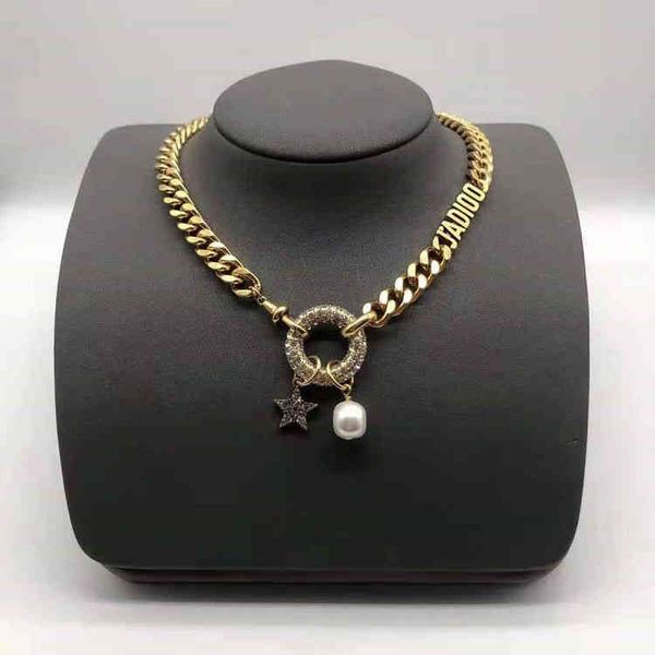 

fine jewellery letter diamond circle five pointed star pearl necklace brass neck chain, Black