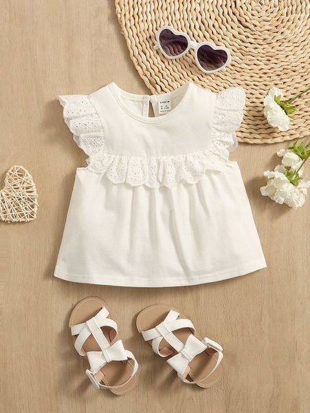 

baby contrast eyelet embroidery ruffle trim keyhole back she, Blue