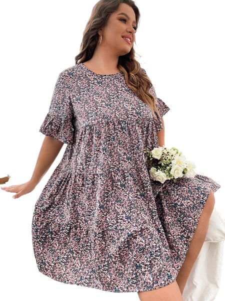 

plus allover print flounce sleeve ruffle hem smock dress h4vc#, Black