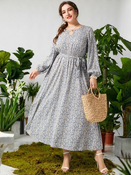 

plus ditsy floral keyhole neck lantern sleeve belted dress x9dn#, Black