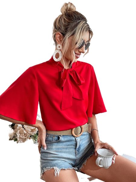 

tie neck flounce sleeve blouse b575#, White