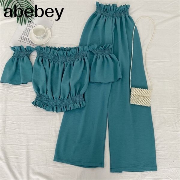 

spring summer fashionable allmatch off shoulder slash neck short high waist slim wide leg pants two piece set 220602, Gray