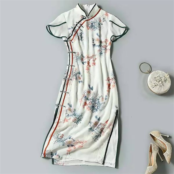

casual dresses style improved cheongsam skirt temperament stand collar short sleeve slim fit bag hip print embroidery medium length dress su, Black;gray