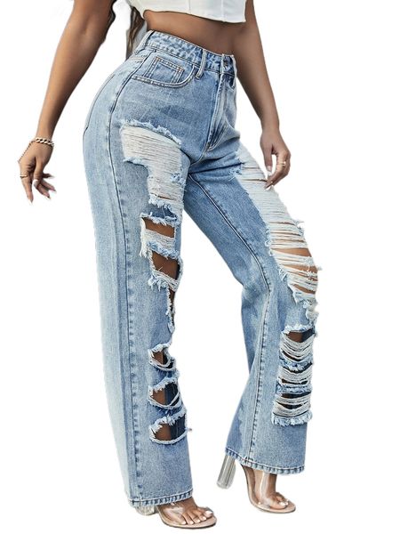 

sxy high waist ladder distressed wide leg jeans 59am#, Blue
