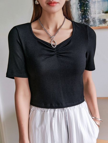 

dazy sweetheart neck ruched crop tee j46j#, White