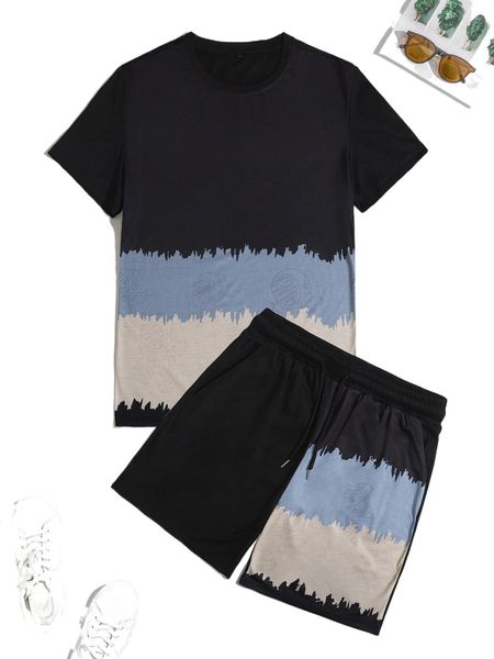 

men cartoon graphic colorblock tee & drawstring waist shorts p6c6#, Gray