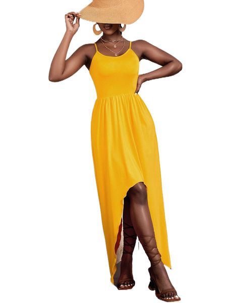 

sxy solid asymmetrical hem cami dress o416#, Black;gray