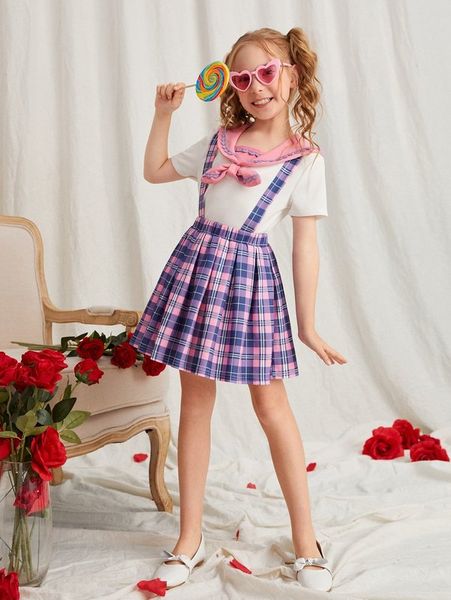 

girls sailor collar & plaid skirt set she, White