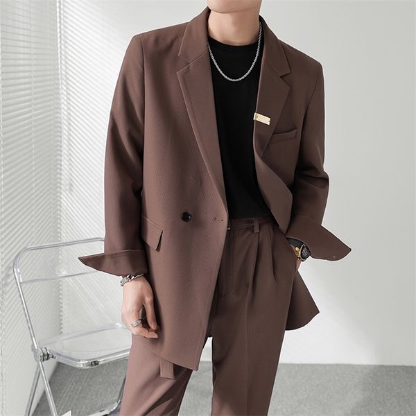 

men's tracksuits double breasted blazer men streetwear vintage casual s korean fashion office dress suit jacket male coat wedding 22082, Gray