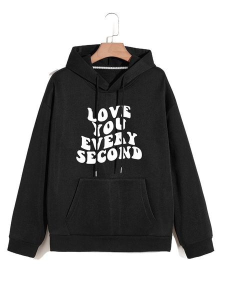 

men slogan graphic kangaroo pocket drawstring thermal hoodie j14n#, Black