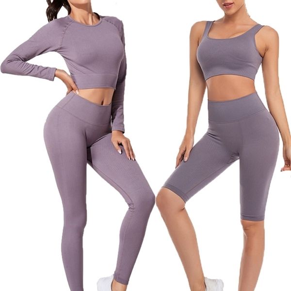 

women's sportswear yoga set workout clothes athletic wear sports gym legging seamless fitness bra crop long sleeve suit 220330, Gray