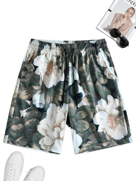 

men random floral print drawstring waist shorts 147r#, White;black