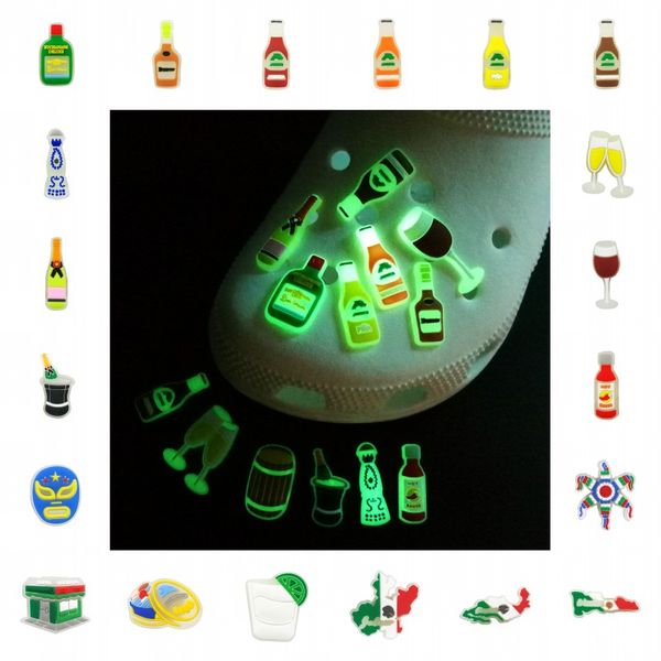 20pcs fluorescentes croc jibz mexicano estilo street shoe luminous shoe glow in the Dark PVC Shoe Buckles Decorações Acessórios Fit Menino Menal Sandals Bracelets