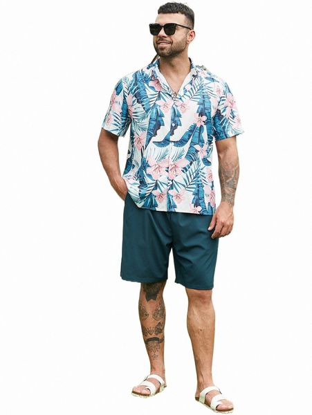 

extended sizes men random tropical print patched pocket shirt & drawstring waist shorts g552#, Gray