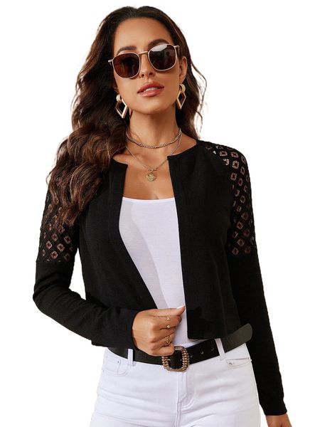 

guipure lace insert raglan sleeve crop jacket l4nf#, Black;brown