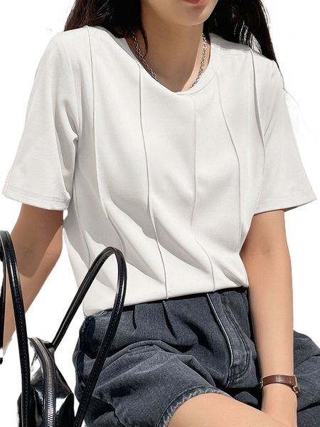 

dazy-less press crease round neck tee 80hy#, White