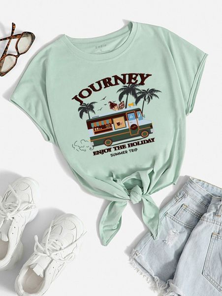 

car & coconut tree print knot hem tee n1ok#, White