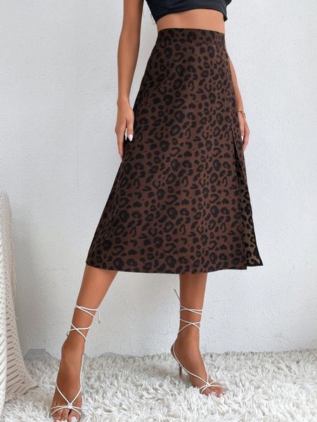 

tall high waist leopard split thigh skirt 59bg#, Black
