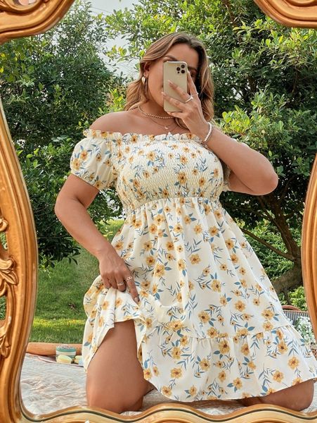 

plus floral print off shoulder shirred ruffle hem dress 59zq#, Black